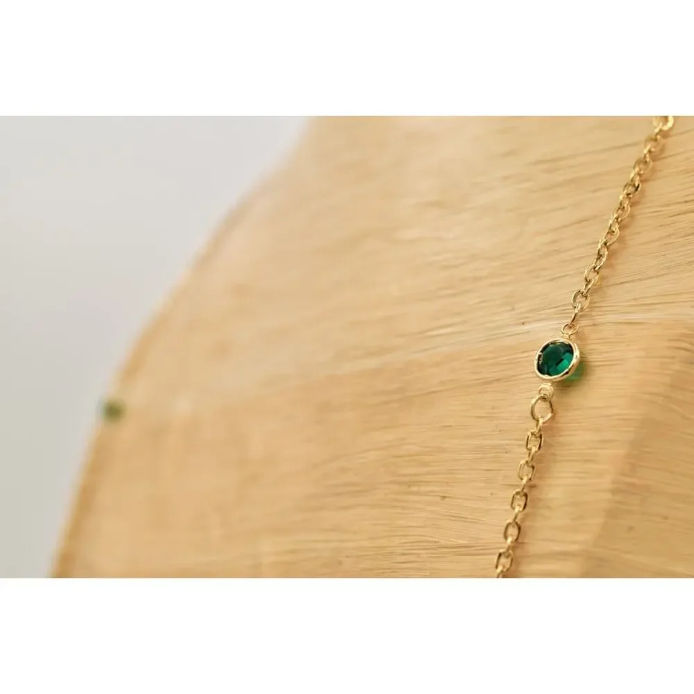 Vintage Green Open Bezel Crystal Necklace Station Chain Gold Tone 1980s BinBJ